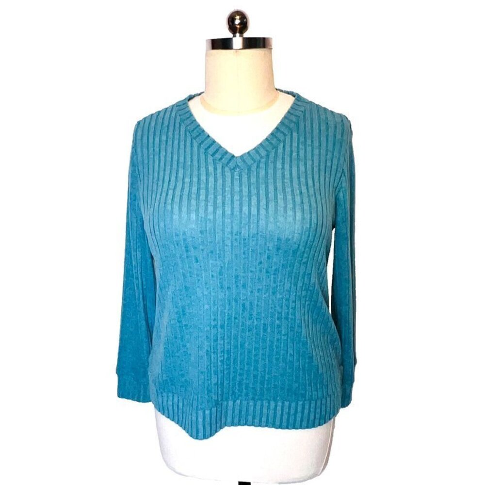 Sampeel - Women's XL Sweater Wide Ribbed VNeck Long Sleeve Soft Turquoise